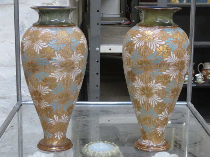 PAIR OF DOULTON SLATERS PATENT HANDPAINTED, GILDED AND FLORAL DECORATED CERAMICS VASES,
