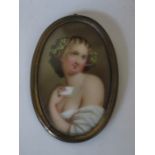 CONTINENTAL MINIATURE OVAL PORTRAIT ON CONVEX CERAMIC PANEL.