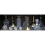 MIXED LOT INCLUDING ETCHED AND OTHER GLASS DECANTER PLUS PAIR OF BRASS CANDLESTICKS, ETC.
