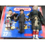 TWO PART MECCANO SETS AND TWO SCOTTISH DOLLS (AT FAULT) AND LEHMANN NAVAL SOLDIER,