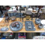 VARIOUS PEWTER WARE, COPPER WARE, CANDLESTICKS, WEIGHING SCALES, ETC.