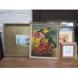 SUNDRY LOT OF VARIOUS PICTURES AND PRINTS, FRAMED WATERCOLOUR BY HULK JR,