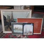 FRAMED WATERCOLOUR DEPICTING A CASTLE SCENE, FRAMED POLYCHROME PRINT DEPICTING FISHING BOATS,