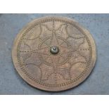 OAK ENGLISH STYLE BUTTONED LEATHER AND BRASS CIRCULAR TARGE,