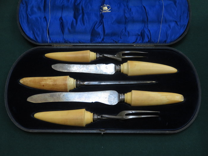 ANTIQUE BONE/IVORY HANDLED FIVE PIECE CARVING SET BY ATKINSON BROTHERS