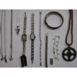 MIXED LOT OF SILVER AND SILVER COLOURED COSTUME JEWELLERY, RELIGIOUS PENDANT AND SNAP BANGLE, ETC.