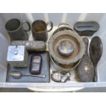 VARIOUS SILVER COLOURED DRESSING BRUSHES , SILVER HANDLED KNIVES, SILVER SPOON, WINE COASTER,
