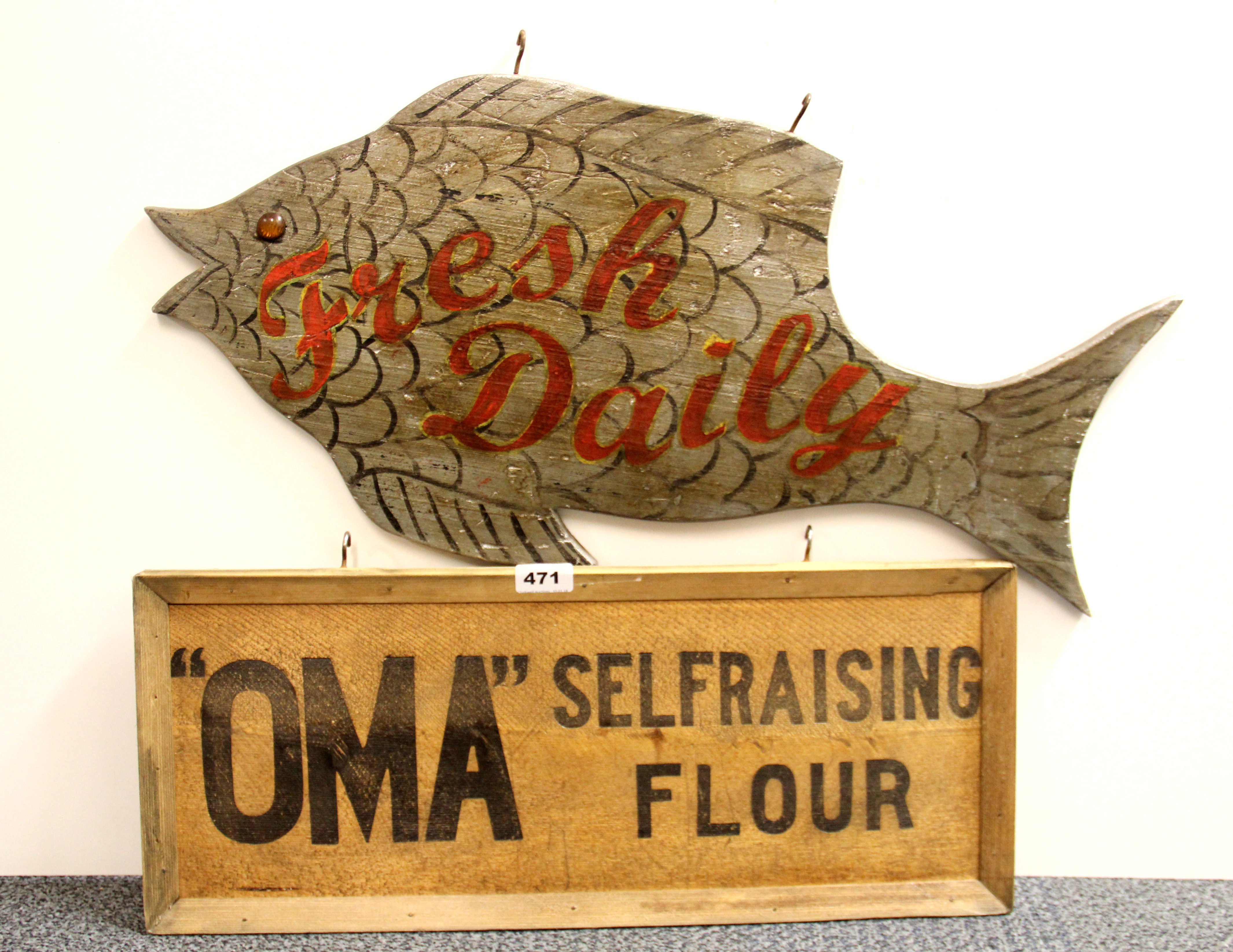 A framed oak advertising panel and a fresh fish sign, W. 60cm.
