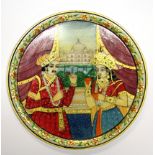 An Indian hand painted and jewelled white marble tray of the Taj Mahal.