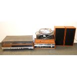 A 1970's Marconiphone record deck, amplifier and speakers together with a Sony record and tape