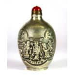 A Chinese white metal snuff bottle with gilt and coral stopper, H. 8cm.