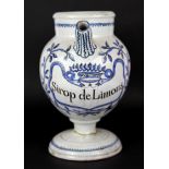 An 18th Century French (probably Rouen) faience pharmacy jug, H. 23cm, (A/F to foot).