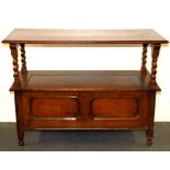 An oak monks bench/ side table, L. 102cm.