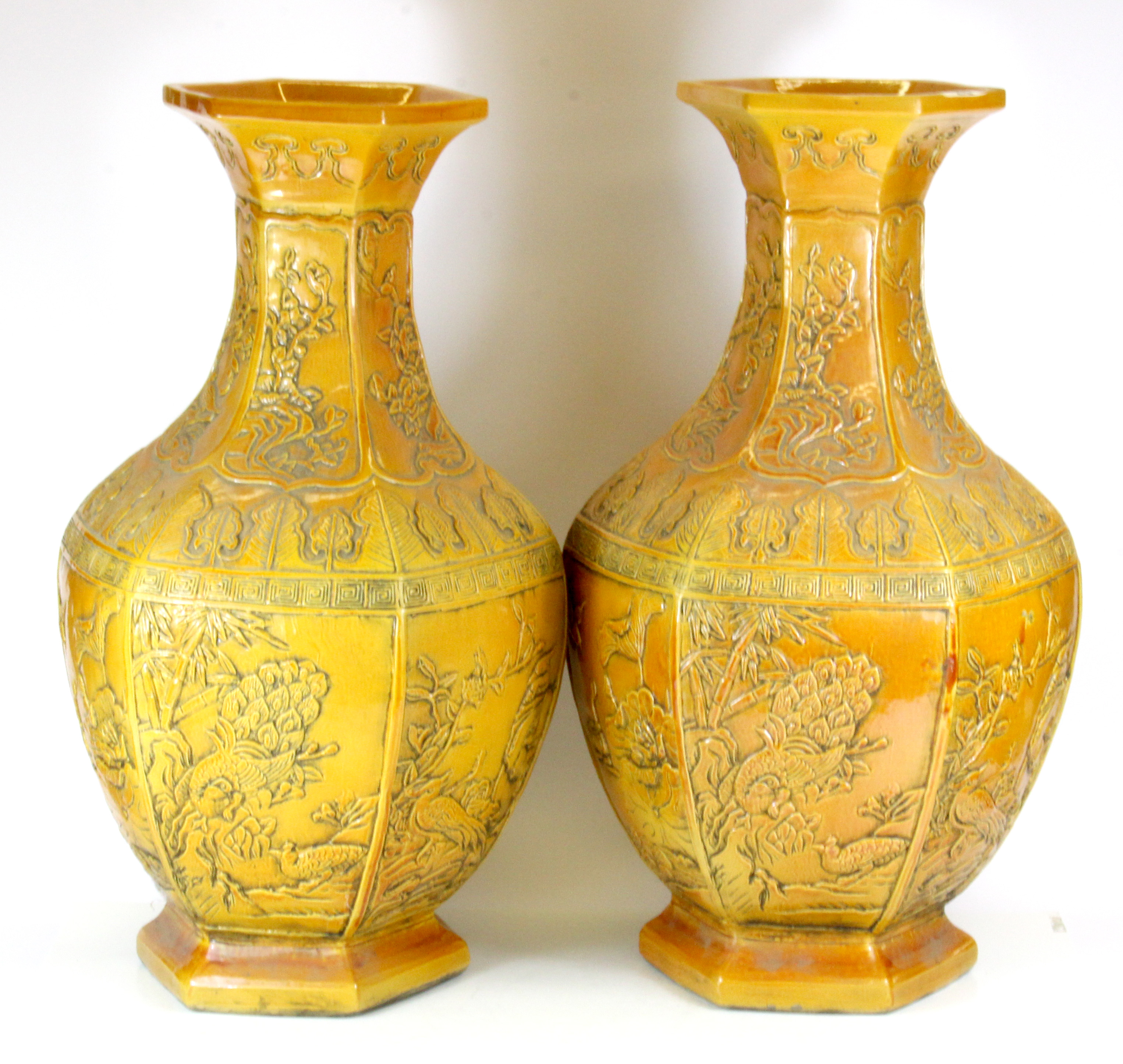 A superb pair of large Chinese relief decorated hexagonal porcelain vases, with impressed six - Image 2 of 4