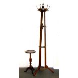 An Edwardian oak hat rack, H. 202cm, with a mahogany wine table.