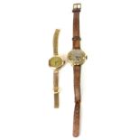 A lady's 9ct yellow gold wrist watch on a 9ct gold strap and a further 9ct gold wrist watch on a