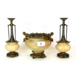 A 19th Century French gilt bronze and alabaster centrepiece (slightly A/F) and a pair of enamelled