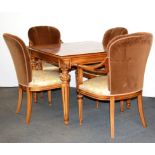 A lovely square inlaid and gilt decorated tea table, 105 x 105cm, and four matching upholstered