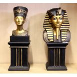 Two ceramic figures of Tutankhamun and Nefertiti on ceramic pedestals, H. 48cm.