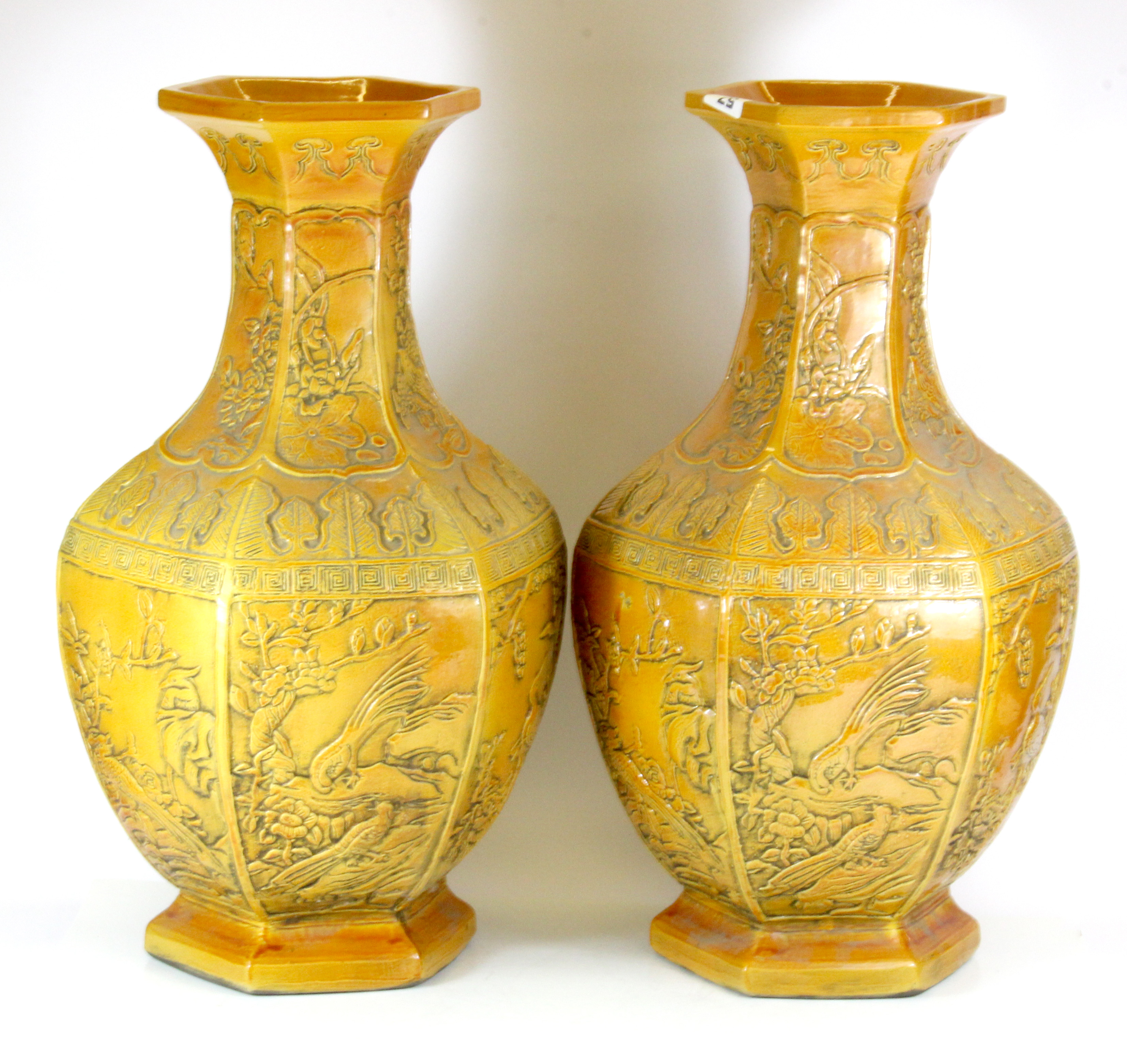 A superb pair of large Chinese relief decorated hexagonal porcelain vases, with impressed six - Image 3 of 4