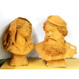 Two superb large 19th Century handmade terracotta busts of Falstaff and M. Ford signed E. Salari, H.