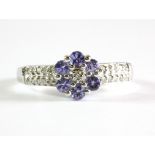 A 9ct white gold tanzanite and diamond set cluster ring, (N.5).