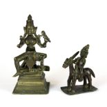 A 17th Century Indian bronze figure of a warrior on horseback, H. 7cm, together with a 19th