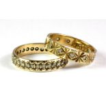 Two 9ct yellow gold stone set full eternity rings (K).