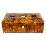 A 19th Century tortoise shell veneered and silk lined workbox, L. 30cm.