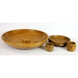 Three carved oak items signed with mice by carver Thomson of Kilburn, N. Yorkshire bowl Dia. 29cm.