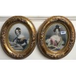 A pair of oval gilt framed coloured engravings, H. 36cm.