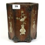 A Chinese mother of pearl inlaid hardwood brush pot, H. 20cm.