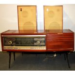 A vintage Russian Riconda radiogram and speakers, W. 110cm.