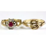 A 9ct yellow gold knot ring and a 9ct gold stone set cluster ring.