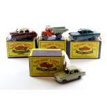 Four Moko Lesney Matchbox Series boxed toy cars including No.22, No.30, No.33 and No.36. (One box