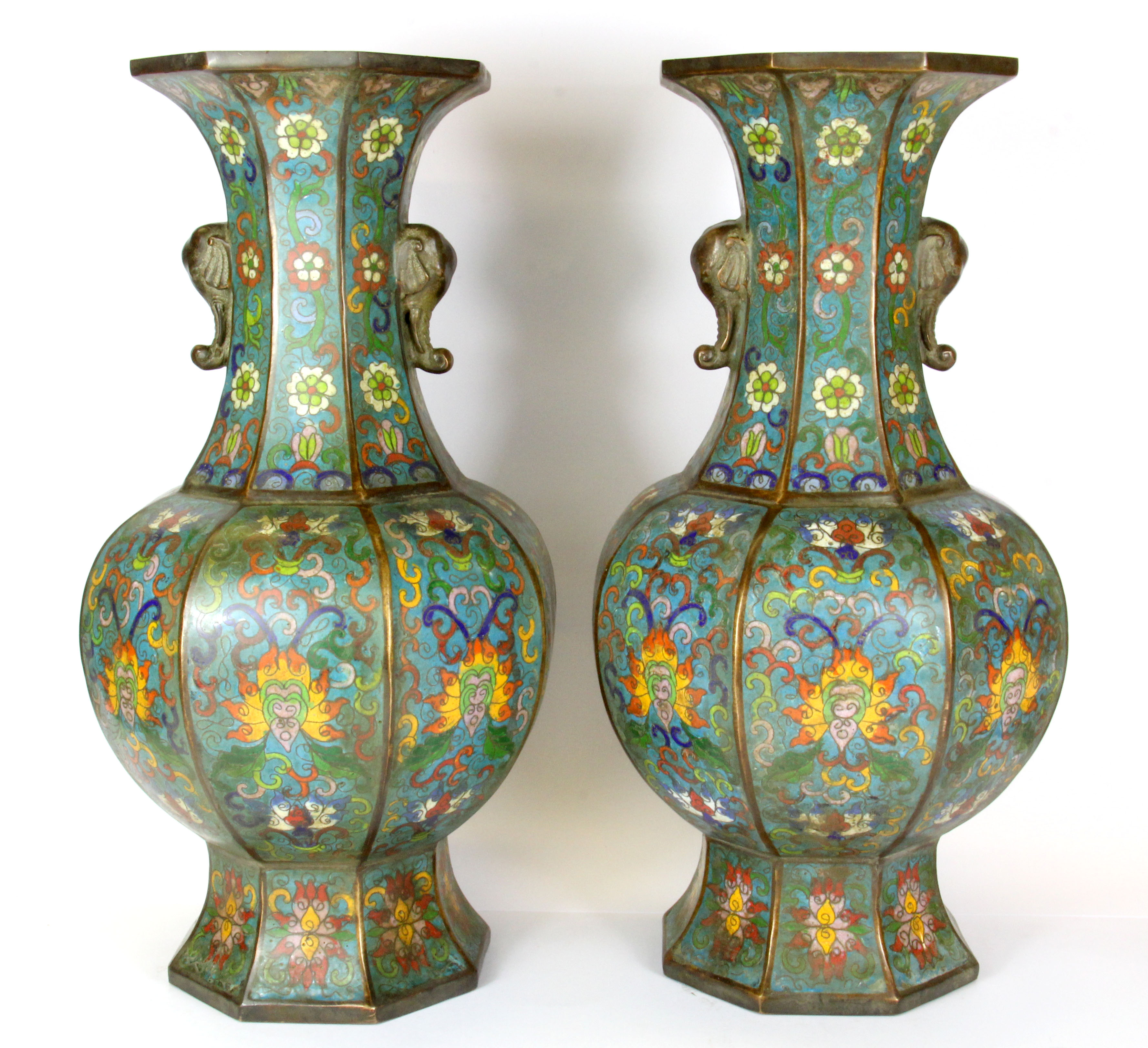 A pair of Chinese cloisonné on bronze octagonal vases, H. 36cm. - Image 2 of 3