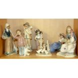 A group of six Nao and one other Spanish porcelain figurines, tallest 24cm.