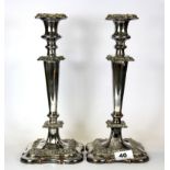 A pair of silver plate on copper candlesticks, H. 30cm.