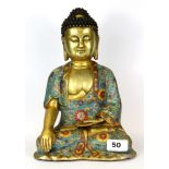 A Chinese cloisonné and gilt bronze figure of a seated Buddha, H. 27cm.