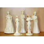 Three Royal Worcester cream porcelain figures, H. 19cm 'Evening', 'Morning' and 'Afternoon' together