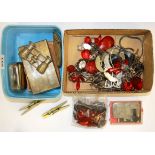 A box of mixed small items and costume jewellery.