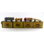 Four Moko Lesney Matchbox Series boxed toy cars including No.20, No.28, No.38 and No.40.