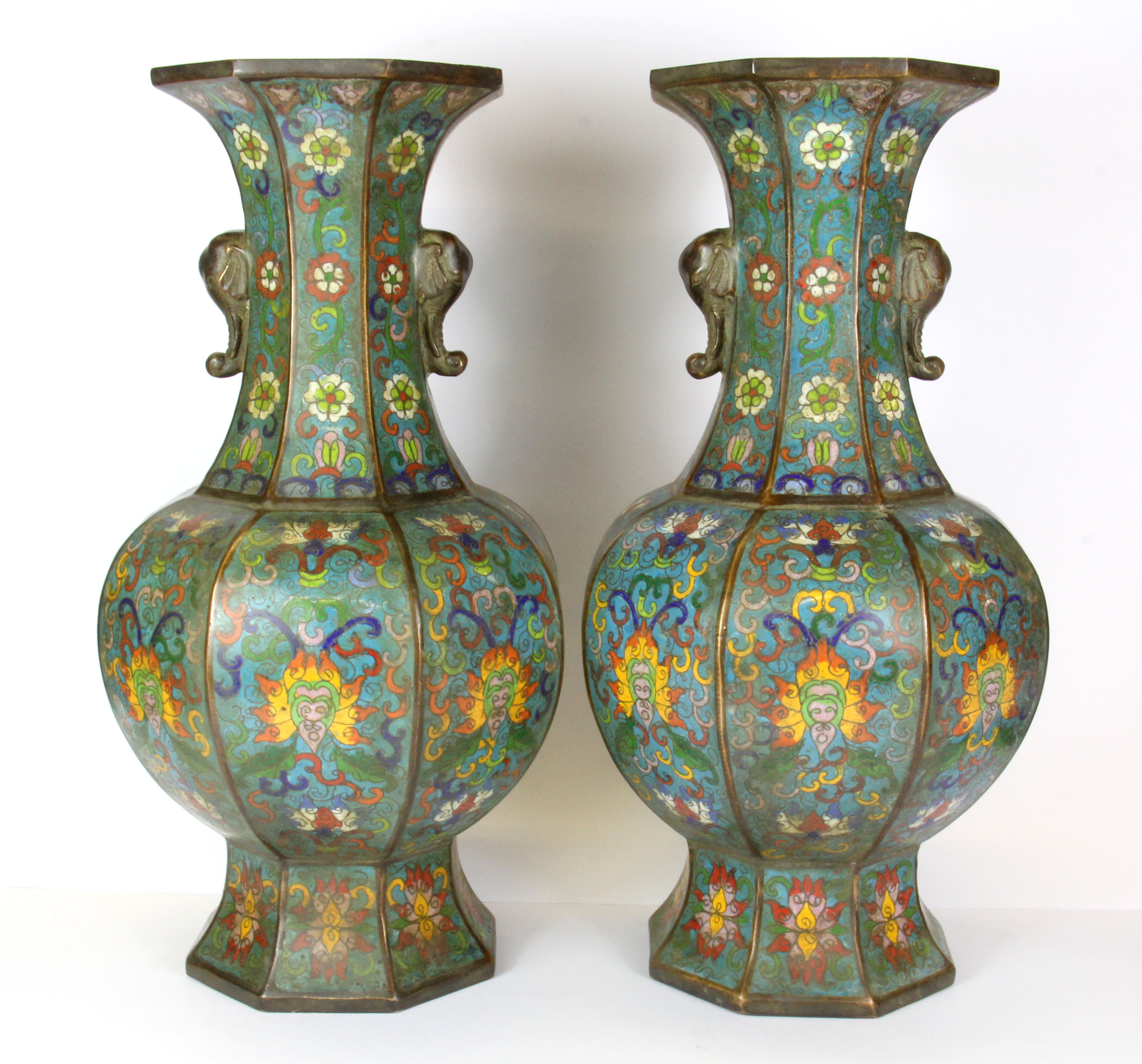 A pair of Chinese cloisonné on bronze octagonal vases, H. 36cm.