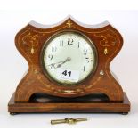 An Art Nouveau mother of pearl inlaid mahogany mantle clock, H. 16.5cm.