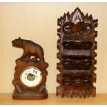 A carved wooden Black Forest bear barometer and folding wooden letter rack, H. 33cm.