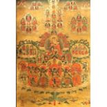 A Tibetan hand painted Thangka on canvas depicting the legend of the emergence of the Jokhang