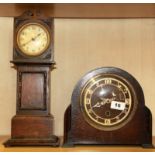 An oak miniature longcase clock, H. 38cm, and an oak mantle clock.