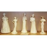 Three Royal Worcester cream porcelain figures, H. 19cm 'Evening', 'Morning' and 'Afternoon' together