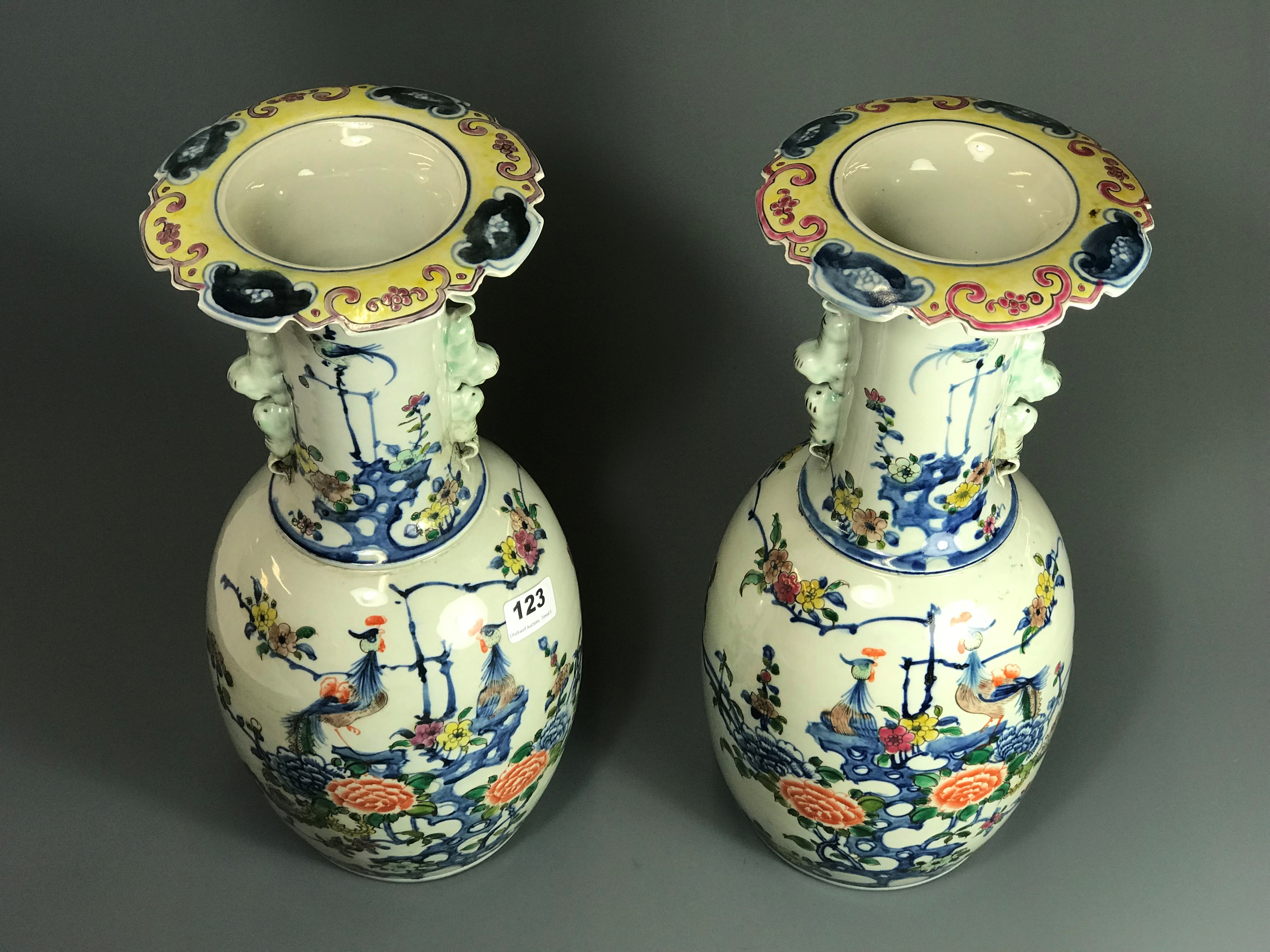 A pair of 19/20th Century hand painted porcelain vases, H. 42cm. - Image 2 of 4