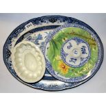 Two Victorian meat plates, jelly mould etc.